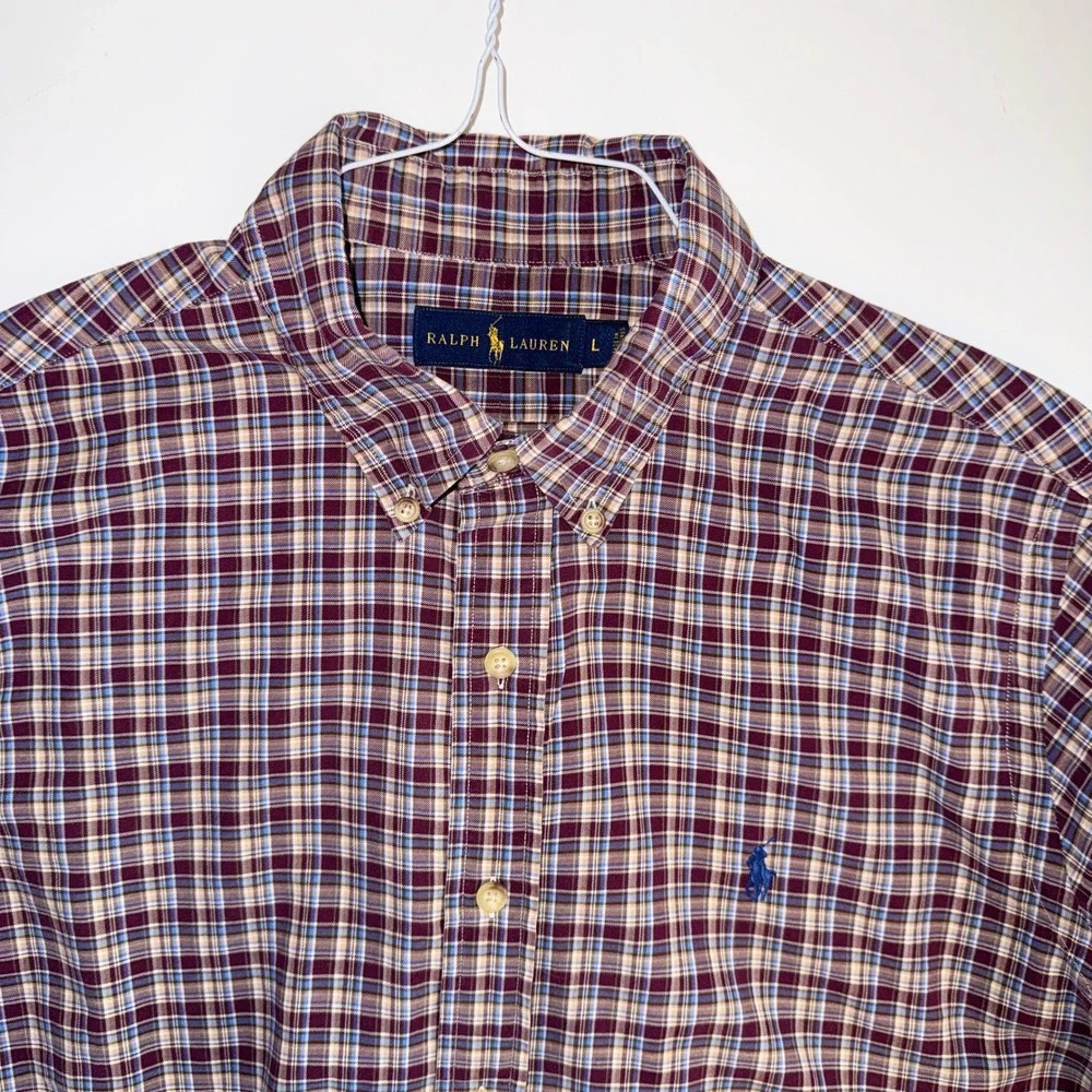 Ralph Lauren Mens L Plaid Button Down‎ Shirt Burgundy Blue Long Sleeve Pony Logo
